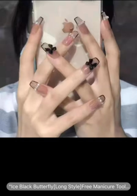 DIY Ice Black Butterfly Long Style - Press On Nails - Country Beautie