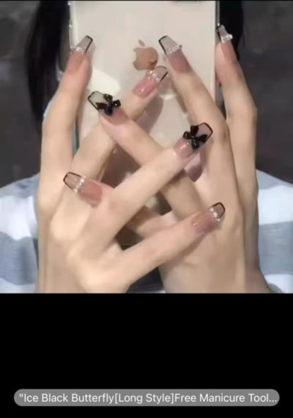 DIY Ice Black Butterfly Long Style - Press On Nails - Country Beautie