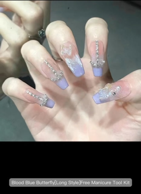 YAJIENA Blood Blue Butterfly Long Style - Press On Nails - Country Beautie