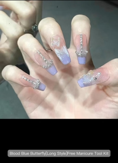 YAJIENA Blood Blue Butterfly Long Style - Press On Nails - Country Beautie